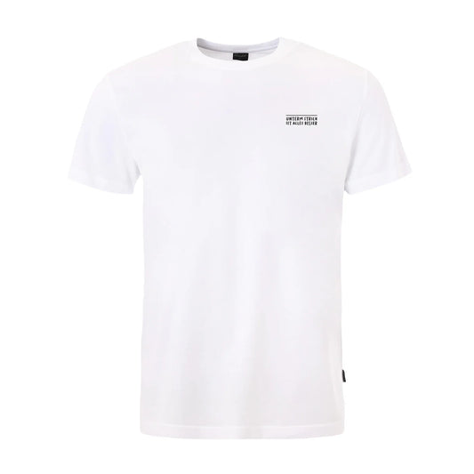 Vorderansicht vom Kleinigkeit Straightcut Shört Unterm Strich White mit minimalistischem Brustprint und klassischem Rundhalsausschnitt.