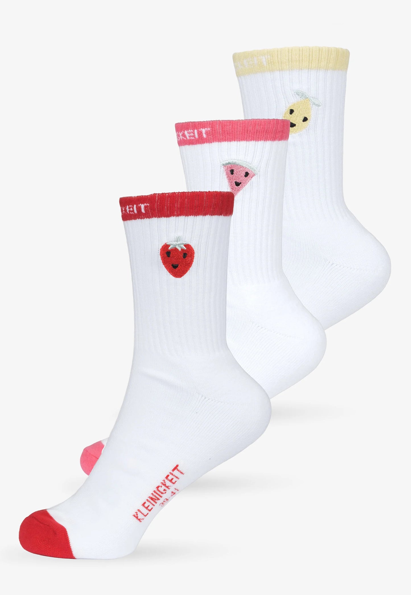 Kleinigkeit Tutti Frutti Söcksi - White im 3er Set, weiße Tennissocken mit Erdbeer-, Melonen- und Zitronen-Stickerei sowie farbigen Bündchen und Kontrastspitze