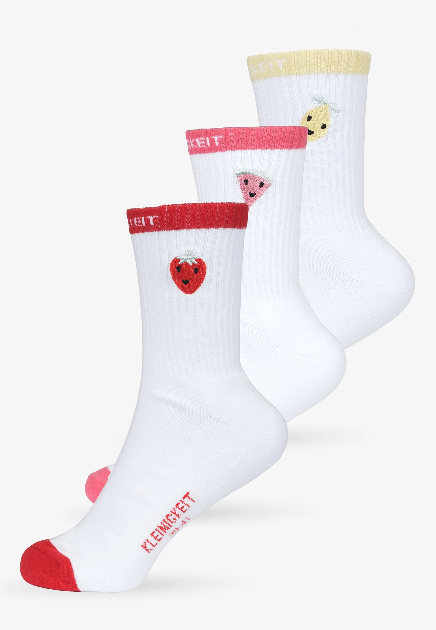 Kleinigkeit Tutti Frutti Söcksi - White im 3er Set, weiße Tennissocken mit Erdbeer-, Melonen- und Zitronen-Stickerei sowie farbigen Bündchen und Kontrastspitze
