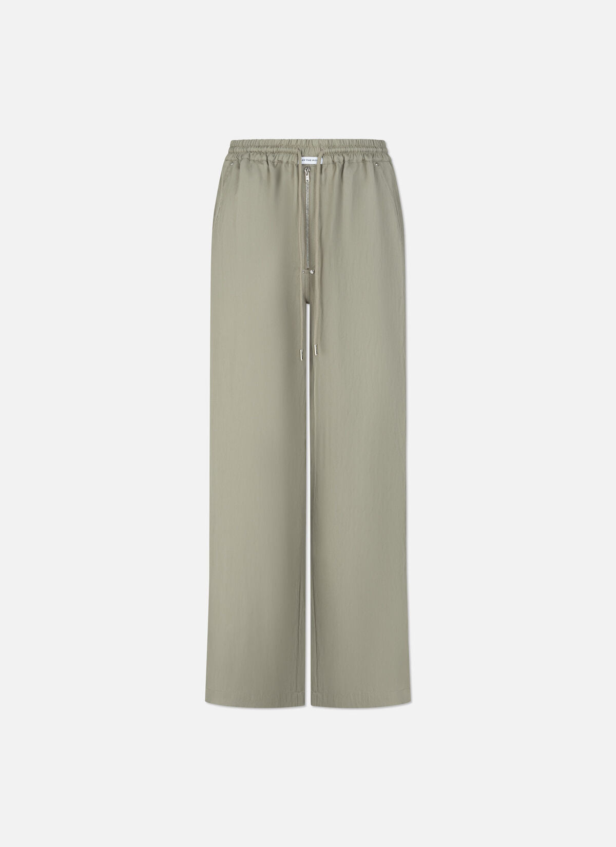 Off The Pitch Relaxed Fit Mona Pants - Grey Olive, weite Hose in Grey Olive mit elastischem Bund, Kordelzug und geradem Bein, Frontansicht