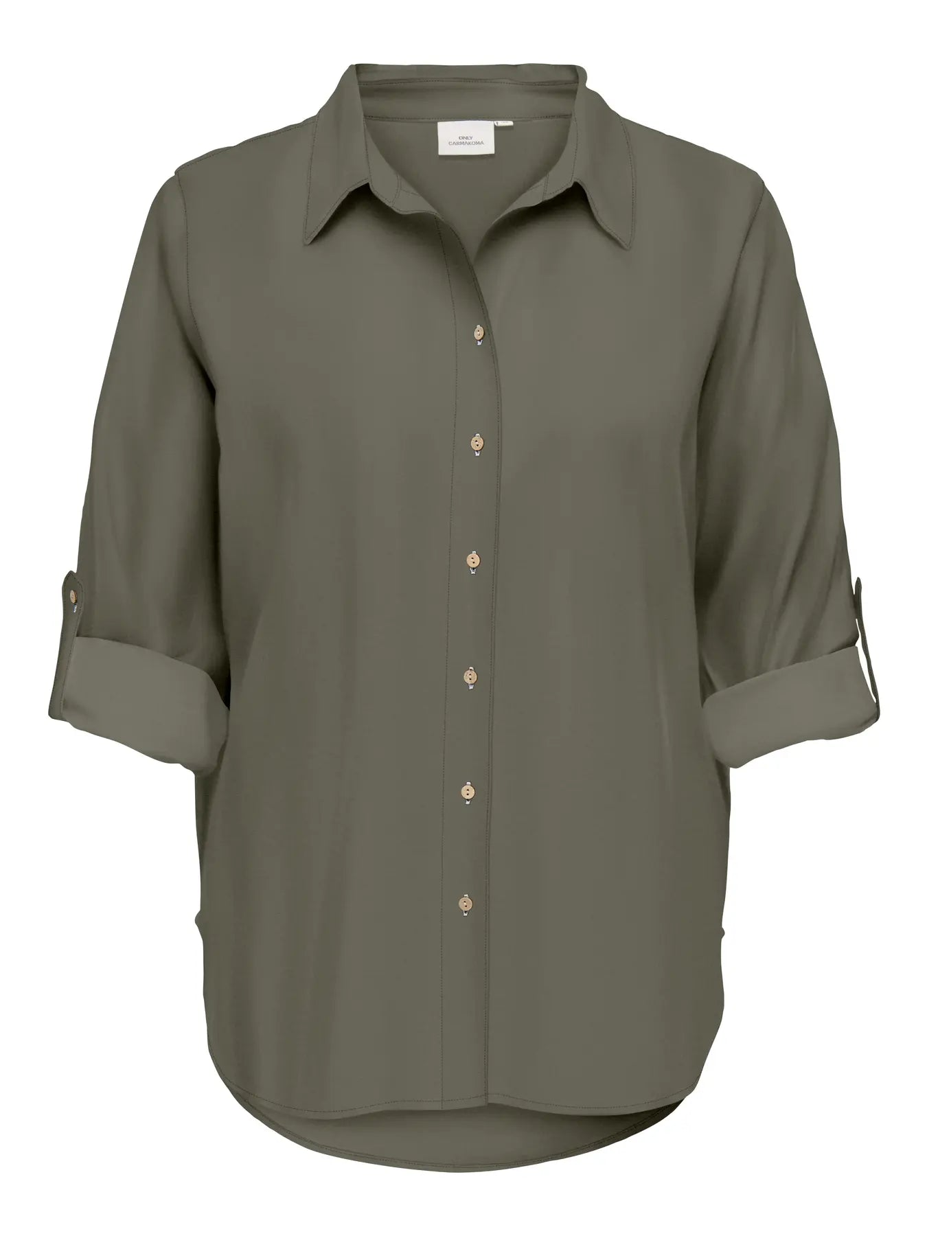 Only Carmakoma Goa 3/4 Strap Linen Shirt - Smokey Olive, luftige Damenbluse mit Knopfleiste, Kragen und 3/4-Ärmeln mit Riegel, Frontansicht