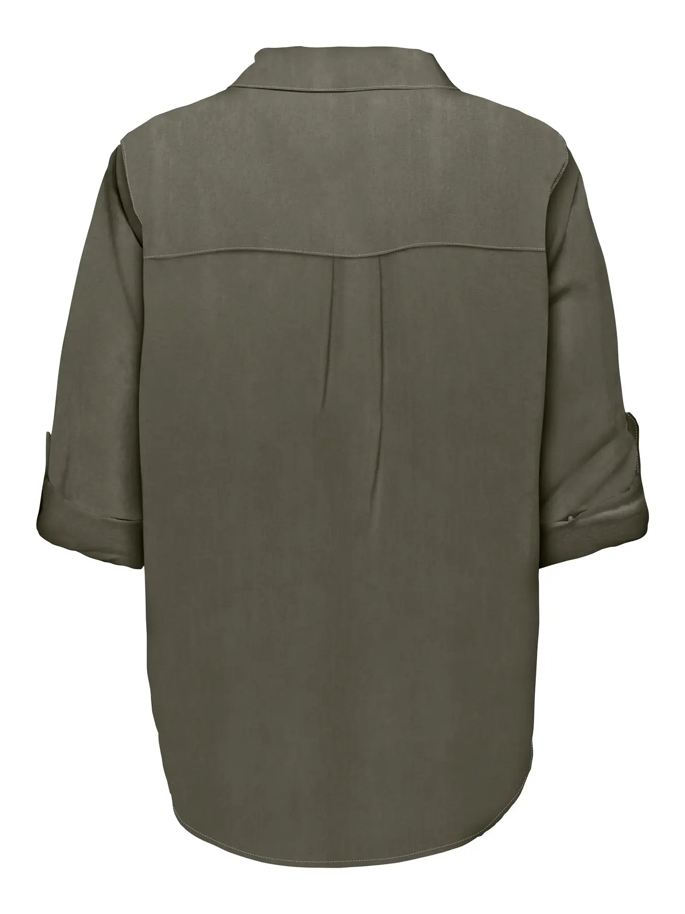 Only Carmakoma Goa 3/4 Strap Linen Shirt - Smokey Olive, lockere Leinenbluse mit Rückenpasse und 3/4-Ärmeln, Rückansicht