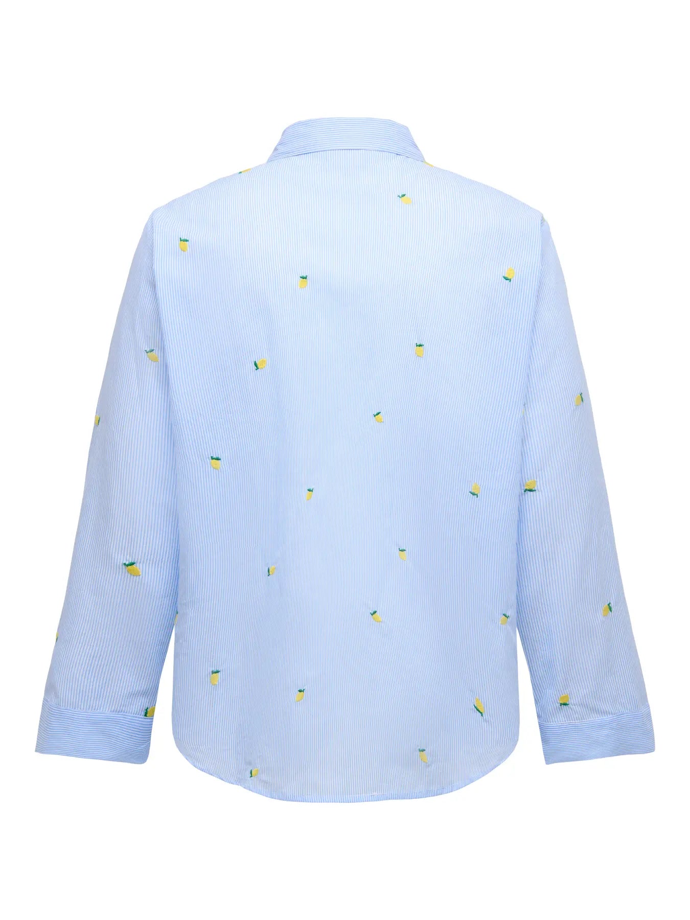 Only Carmakoma New Lina Grace Shirt - Soft Chambray Lemon, gestreifte Damenbluse mit Zitronenmotiv in Rückansicht