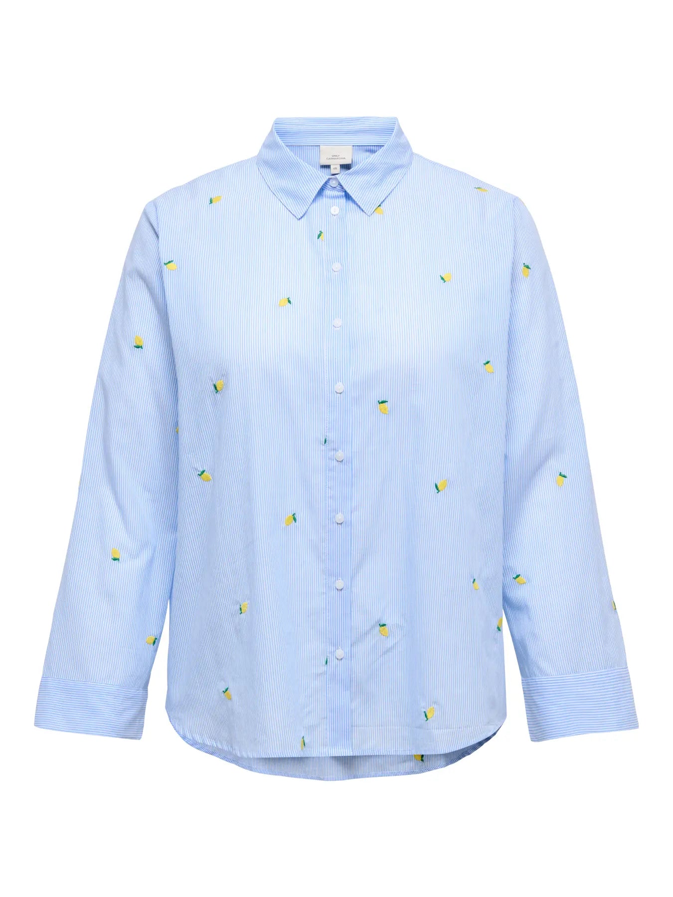 Only Carmakoma New Lina Grace Shirt - Soft Chambray Lemon mit feinem Streifenmuster und Zitronen-Print, Damenbluse in Vorderansicht