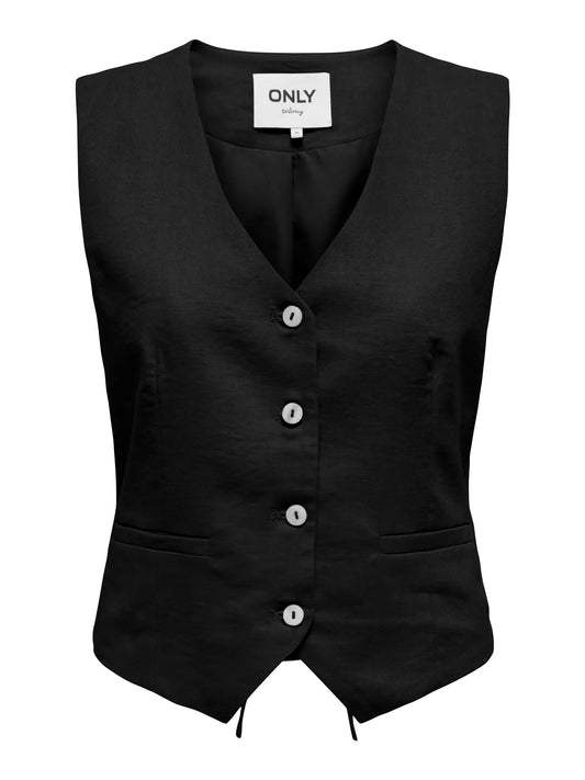 Elegante Only Caro Leinenmischung Weste in Schwarz mit Knopfleiste – Vorderansicht