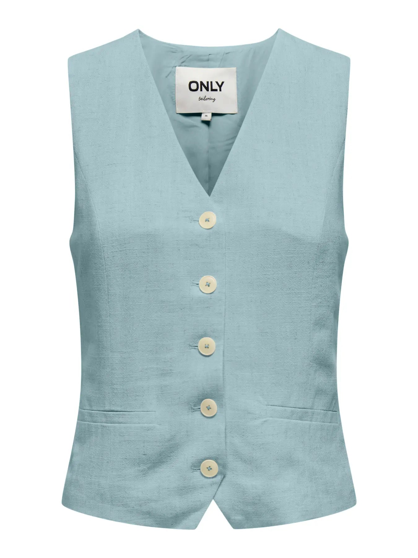 Vorderansicht der ärmellosen Damenweste Only Iris Siesta Vest in Cloud Blue mit Knopfleiste und V-Ausschnitt