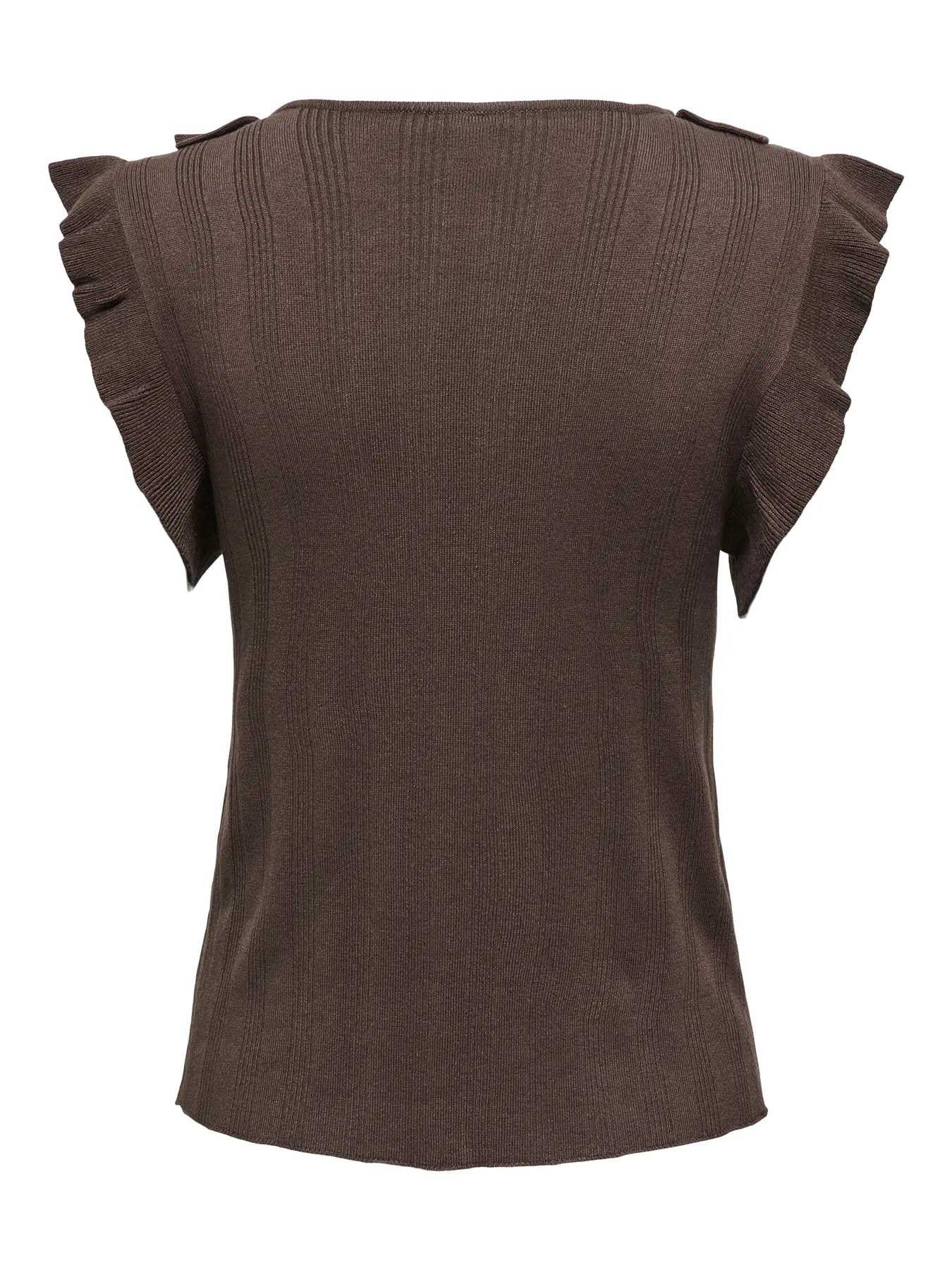 Rückenansicht des braunen Stricktops mit Rüschenärmeln – Only Nelly V Neck String Cardigan Chocolate Martini