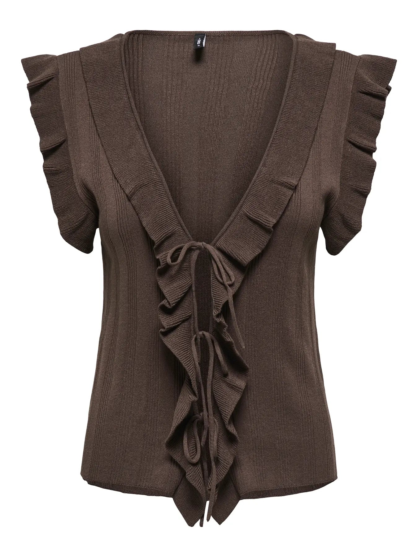 Damen Stricktop mit Rüschen und V-Ausschnitt in Braun – Only Nelly V Neck String Cardigan Chocolate Martini, Vorderansicht