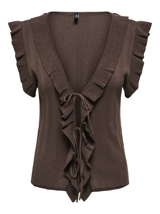 Damen Stricktop mit Rüschen und V-Ausschnitt in Braun – Only Nelly V Neck String Cardigan Chocolate Martini, Vorderansicht