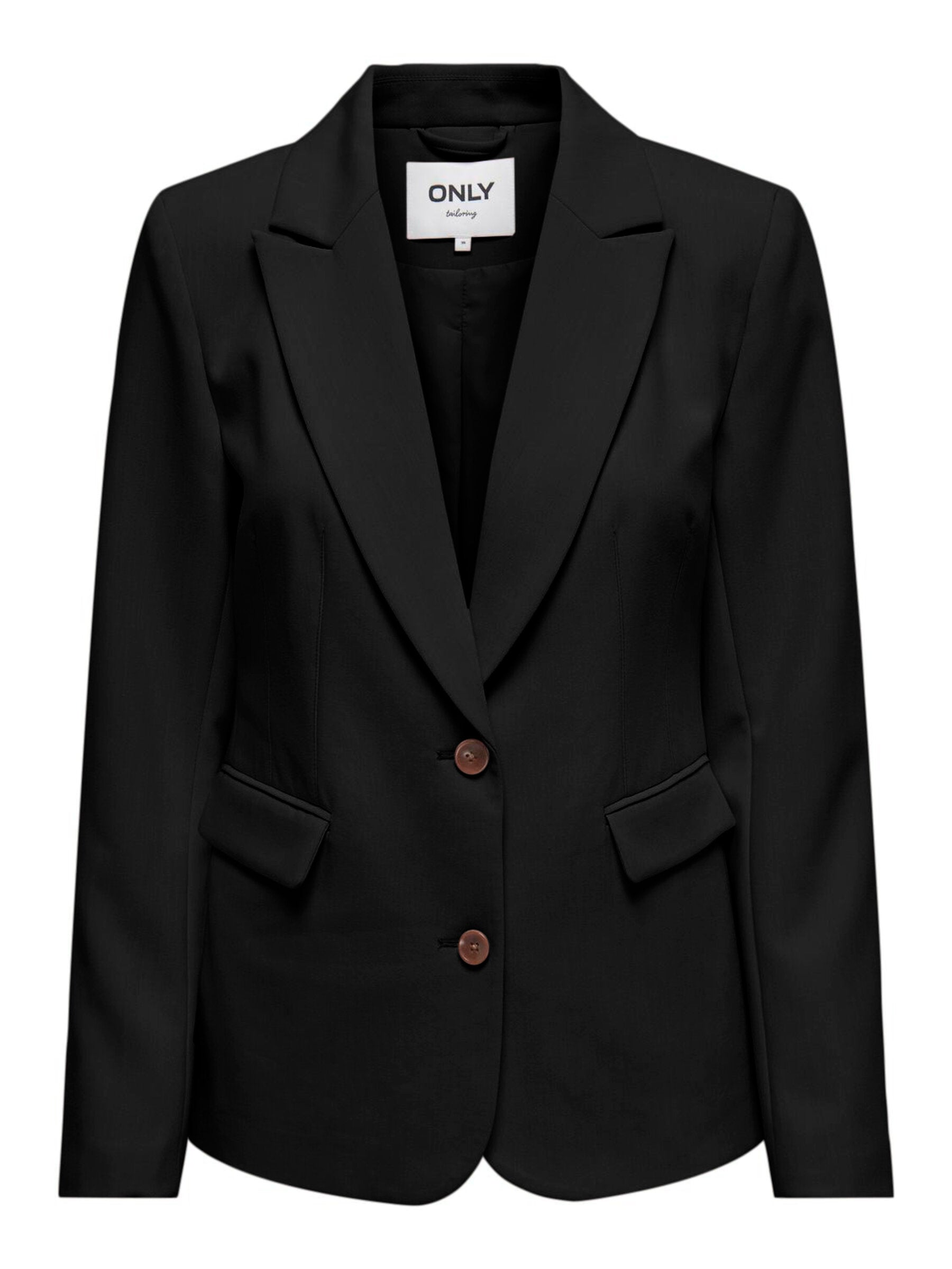 Eleganter schwarzer Only Raven Life Blazer mit Reverskragen, schmalem Schnitt und braunen Knöpfen, ideal für Business und festliche Anlässe.