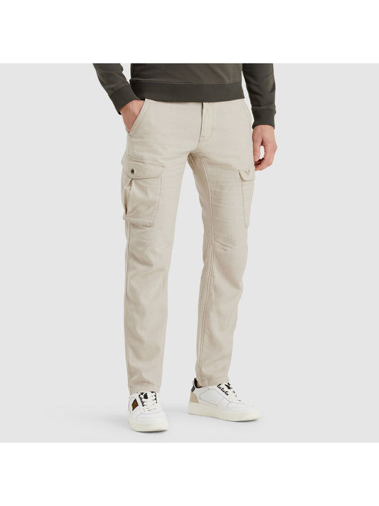 Vorderansicht der PME Legend Jetheed Pant Rainy Day – leichte Cargohose für Herren aus Baumwoll-Leinen-Mix in Beige mit Cargotaschen