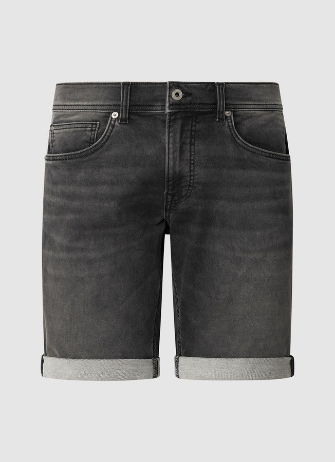 Vorderansicht der Pepe Jeans Gymdigo Short Track Slim Grey – moderne graue Denim-Shorts mit umgeschlagenem Saum, klassischem 5-Pocket-Design und schlanker Passform.