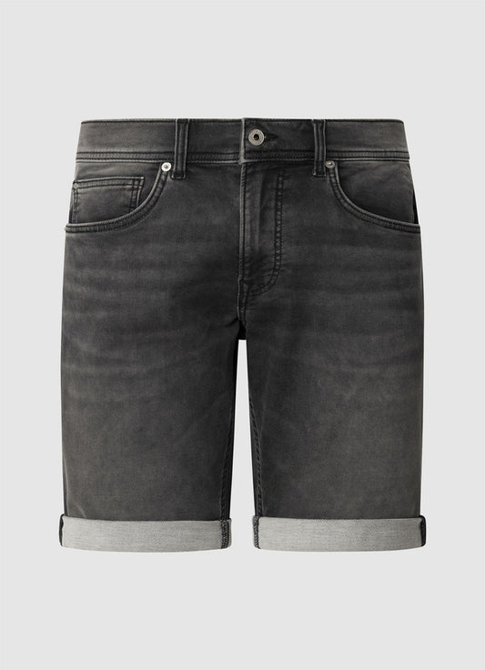 Vorderansicht der Pepe Jeans Gymdigo Short Track Slim Grey – moderne graue Denim-Shorts mit umgeschlagenem Saum, klassischem 5-Pocket-Design und schlanker Passform.