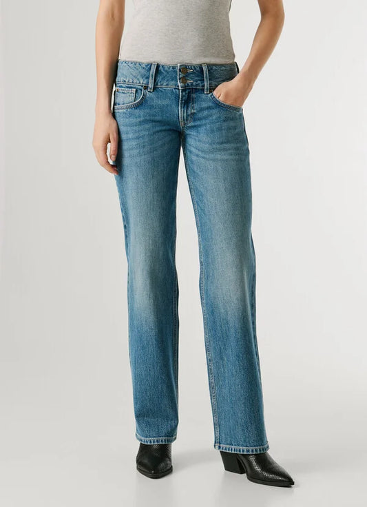 Frontansicht der Pepe Jeans London Venus - Low Waist Straight - 4VB: hellblaue Damenjeans mit niedriger Bundhöhe, geradem Bein und klassischer Waschung.