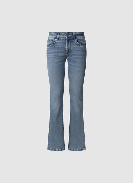 Vorderansicht der Pepe Jeans Pimlico Flare XW3 Damenjeans mit Low Waist, ausgestelltem Bein und Used-Waschung