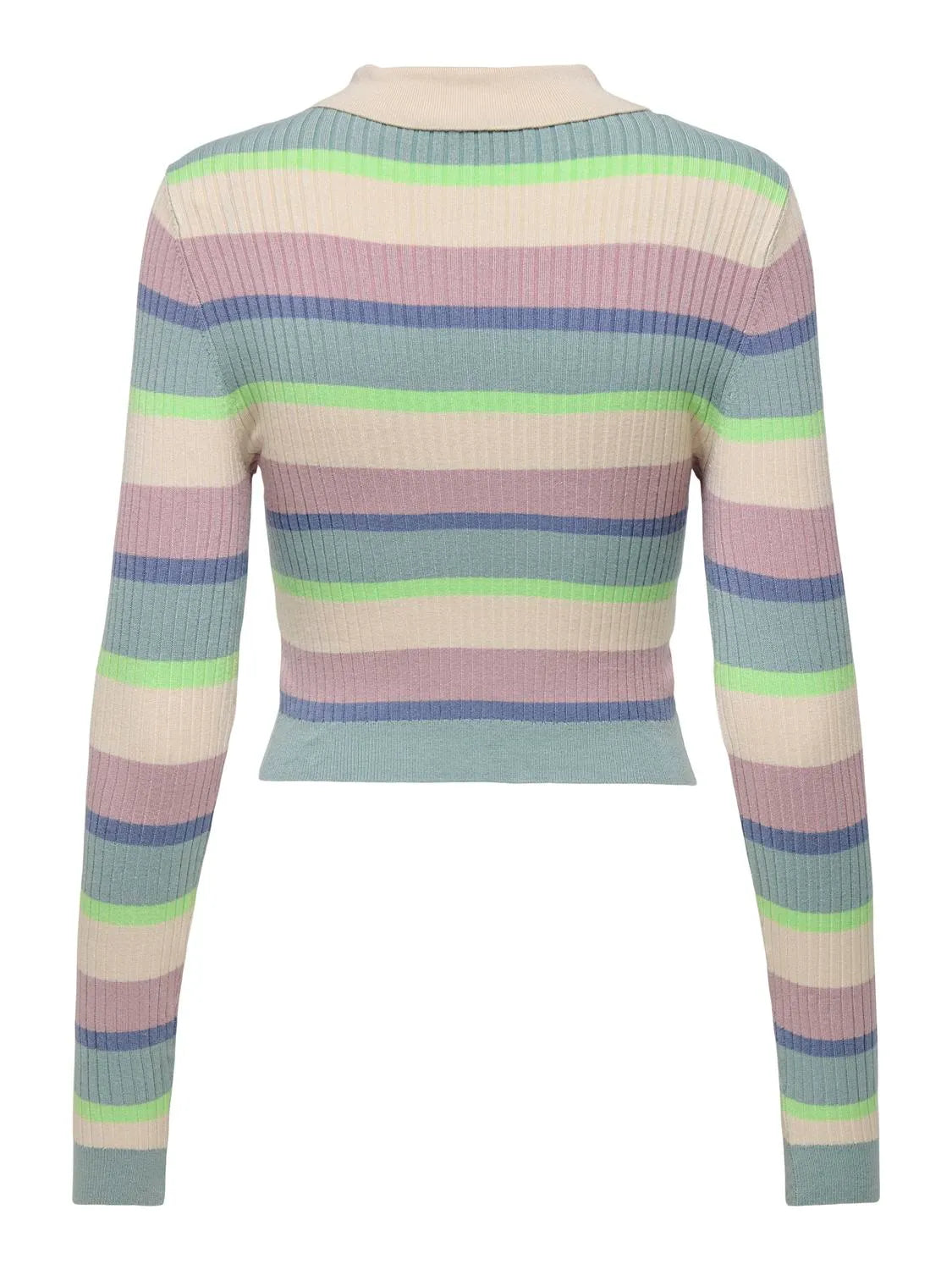 Rückansicht eines gestreiften Polo Oberteils von Only mit Rippstruktur und pastellfarbenem Design.