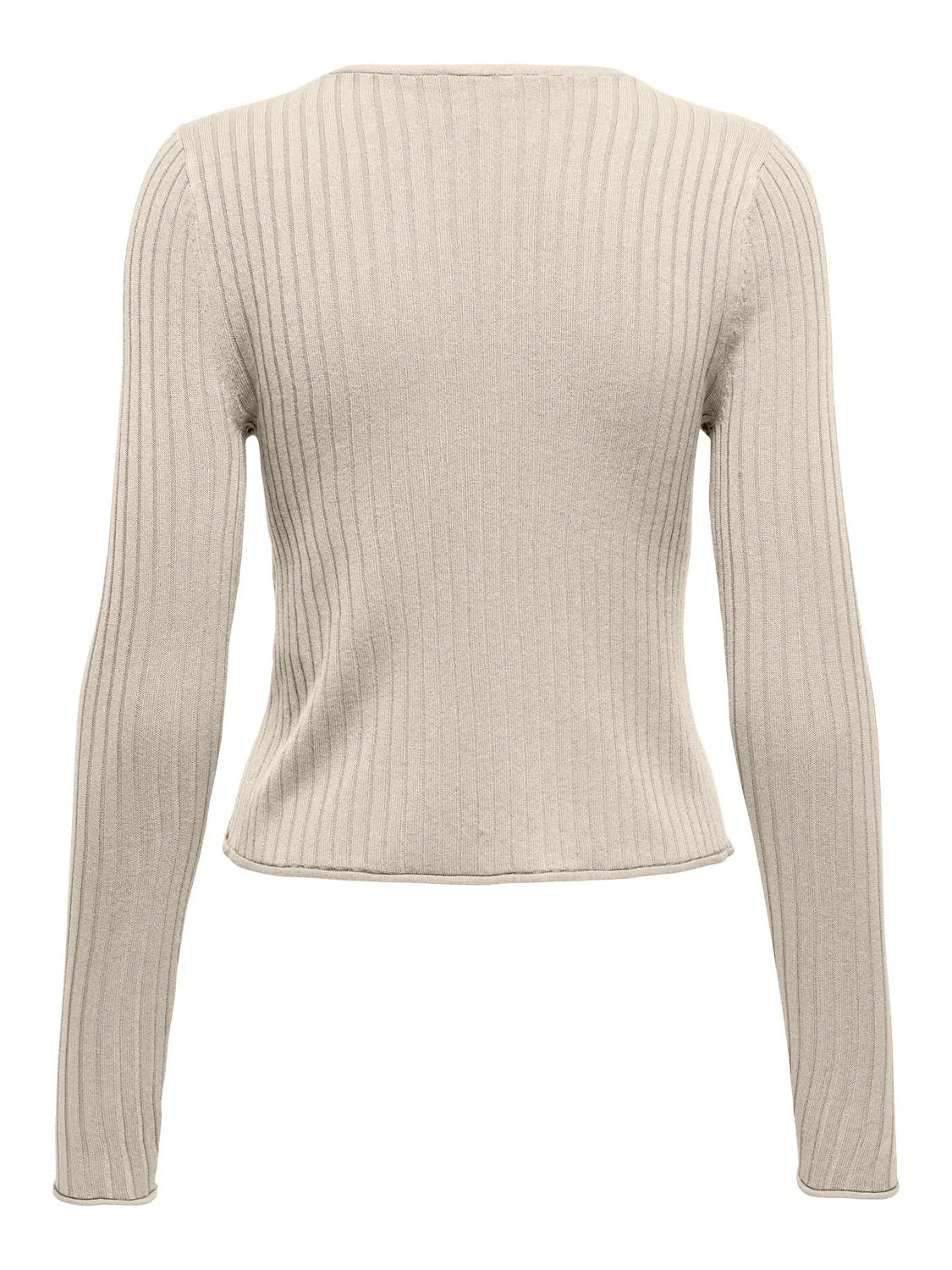 Rückansicht eines beigen Rippstrick-Cardigans von Only in der Farbe Birch mit figurbetonter Passform und langen Ärmeln aus weichem Strickmaterial.