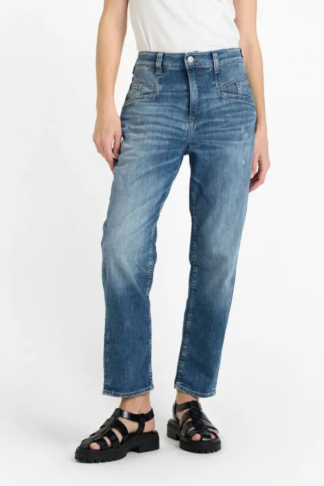 Le Temps Des Cerises 400/60 High Waist Girlfriend Jeans in Thil Blue, Vorderansicht mit hohem Bund und geradem Bein