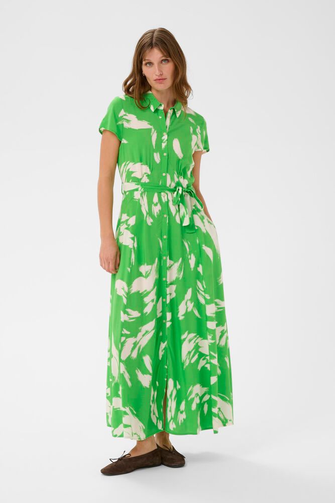 Frontansicht des Soaked Arjana Maxi Dress - Vibrant Green Splash mit Maxilänge, fließendem Stoff und modernem Design