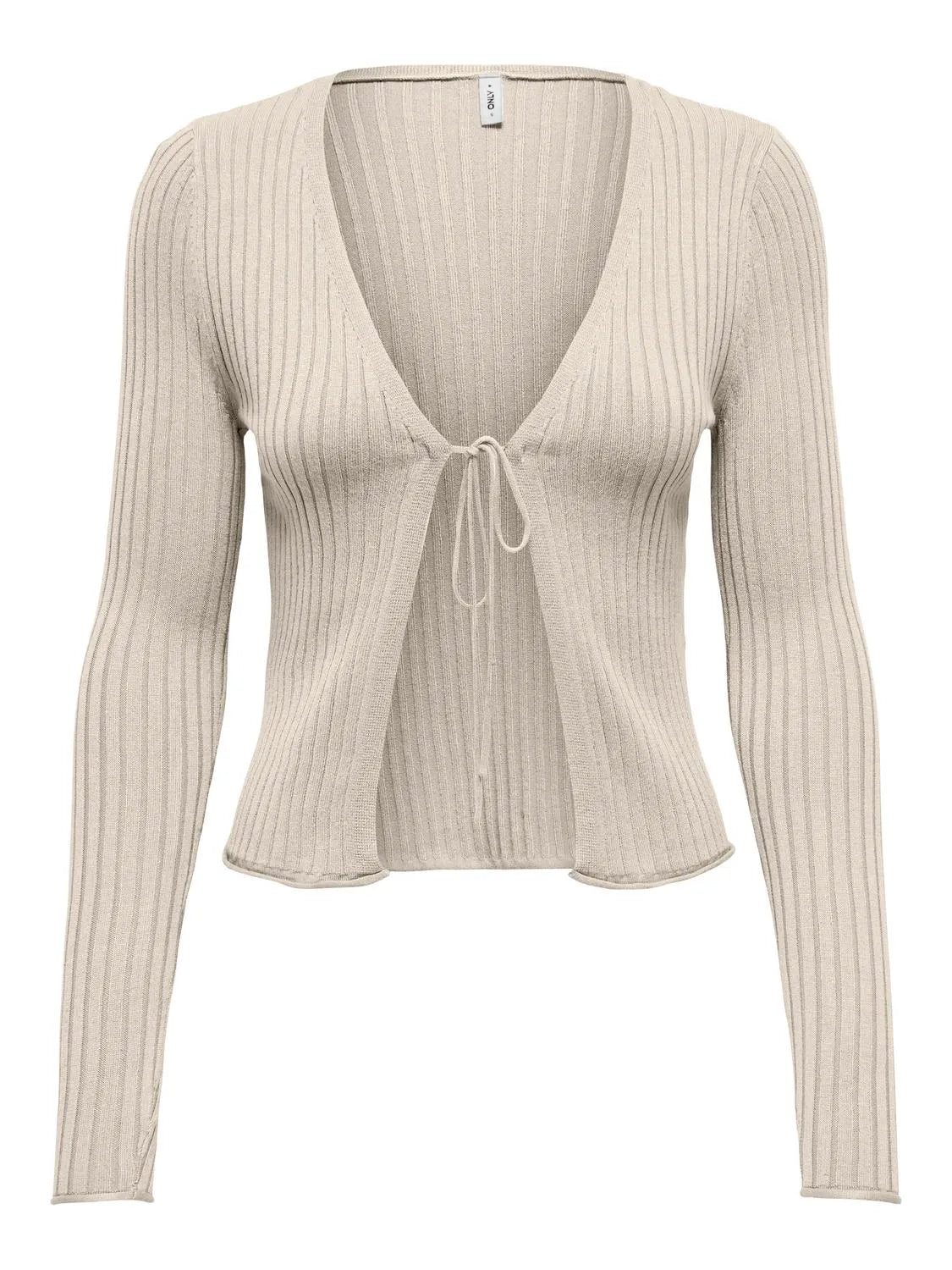 Vorderansicht eines beigen Rippstrick-Cardigans von Only in der Farbe birch mit V-Ausschnitt, feinem Bindeband und dezentem Rippmuster.