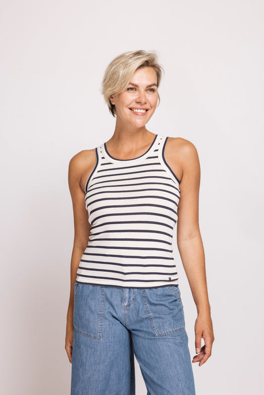 Zhrill Aria - Blue Damen Top Frontansicht mit blau-weißem Streifenmuster und ärmellosem Schnitt