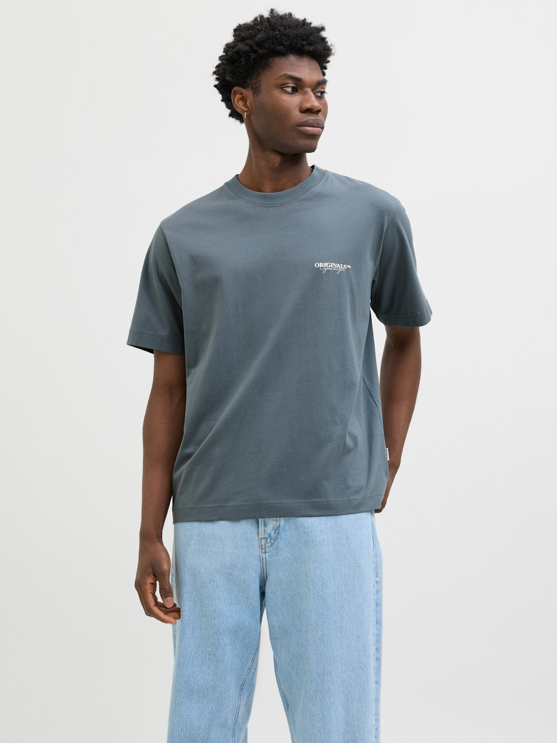 Vorderansicht des Jack&Jones Rislington T-Shirts in Stormy Weather, lässig getragen mit blauer Jeans.