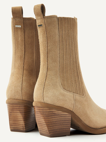 Rückansicht der Nubikk Liv Loua Metal Oak Suede Stiefeletten mit Blockabsatz und elastischem Schaft aus Wildleder