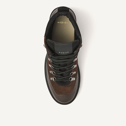 Nubikk Logan Chad - Dark Brown Combi Herren-Boots – Ansicht von oben mit D-Ring-Ösen und Schnürung