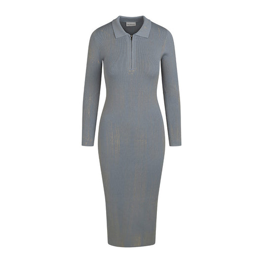 Off The Pitch Knitted Bodycon Mud Dress Ultimate Grey – figurbetontes Strickkleid mit Kragen und Reißverschluss in Vorderansicht
