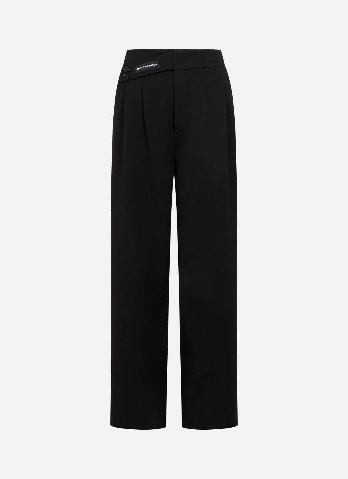 Off the Pitch Pleated Gaia Pants Black – elegante schwarze Damenhose in Vorderansicht mit hoher Taille, Bundfalten und doppeltem Knopfverschluss.