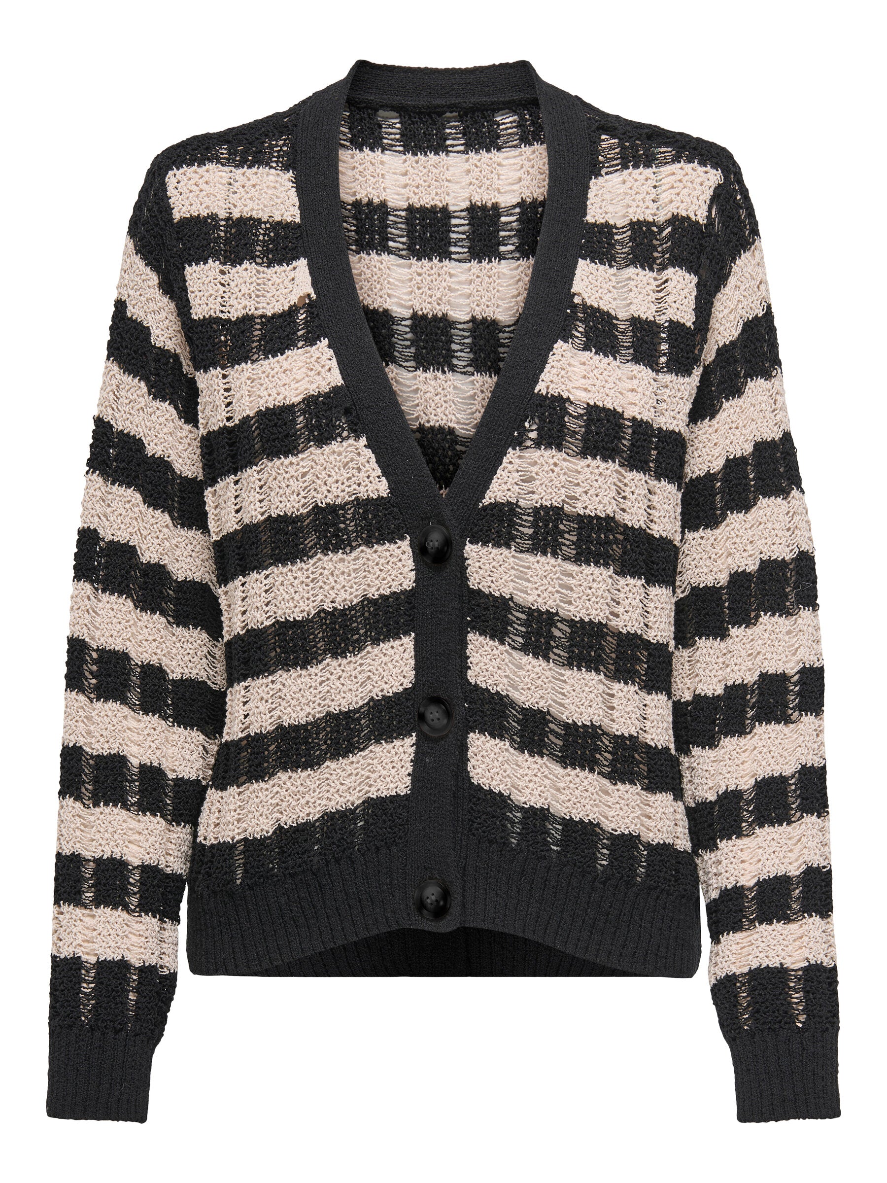 Vorderansicht des Only Capri Cardigans mit Streifenmuster in Schwarz und Beige.