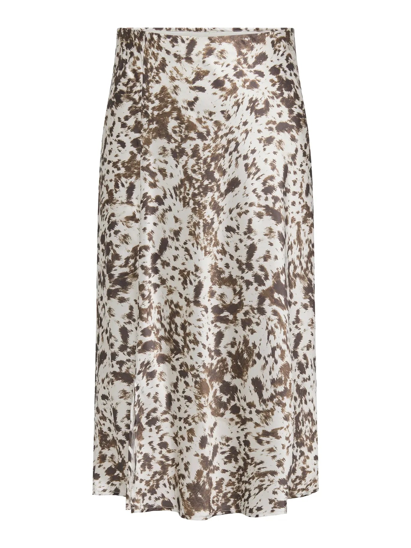 Only Carmakoma Domina Satin Calf Skirt – Texana Dots, fließender Satinrock mit braun-beigem Print, ideal für feminine Outfits mit besonderem Musterakzent.