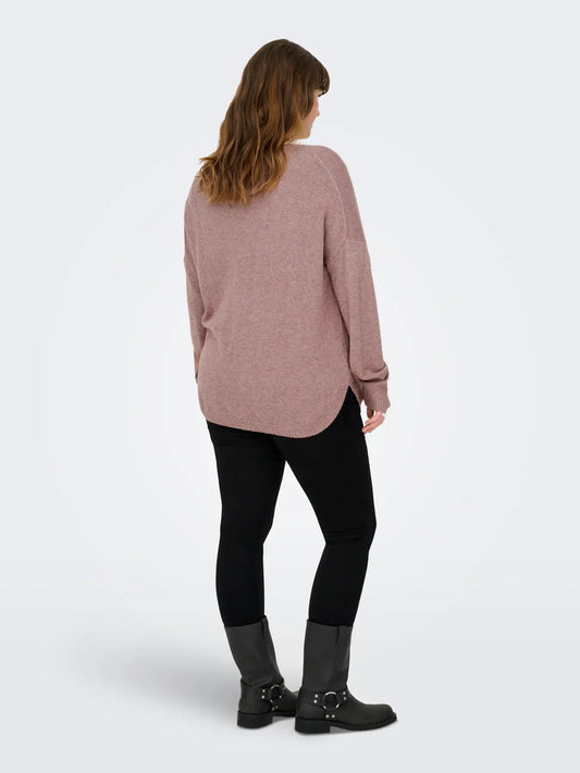 Only Carmakoma Margareta Life Pullover – Rose Brown Melange Rückansicht mit lässiger Passform und verlängertem Saum