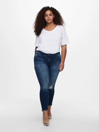 Only Carmakoma Willy - Regular Waist Skinny Ankle - Medium Blue, Vorderansicht mit Used-Effekten und hoher Elastizität