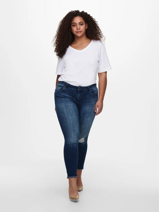 Only Carmakoma Willy - Regular Waist Skinny Ankle - Medium Blue, Vorderansicht mit Used-Effekten und hoher Elastizität