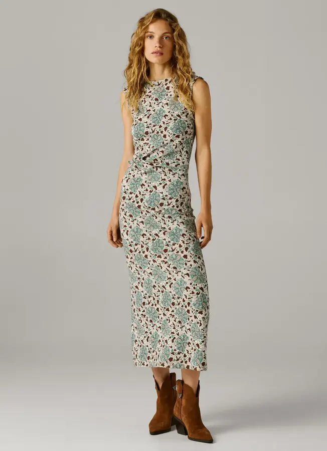 Frontansicht des Pepe Jeans London Lexi - Bleach Green Midikleids mit floralem Muster und sommerlicher Passform