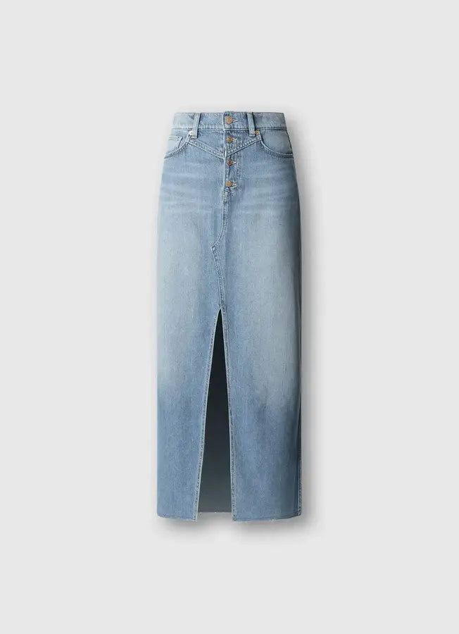 Pepe Jeans London Maxi Skirt High Waist Mira Jeansrock Vorderansicht mit Schlitz und Knopfleiste