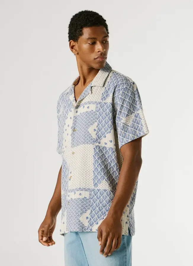 Pepe Jeans London Pissarot - Washed Navy Blue Kurzarmhemd im sommerlichen Look mit modernem Print und lockerer Passform
