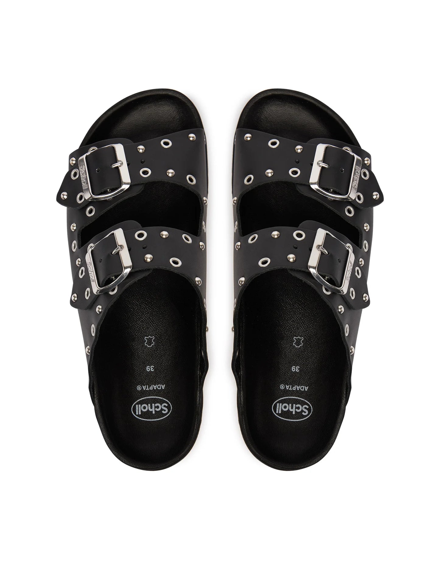 scholl Beatriz Ring - Black Sandale Damen Draufsicht mit zwei verstellbaren Schnallen und dekorativen Metallringen