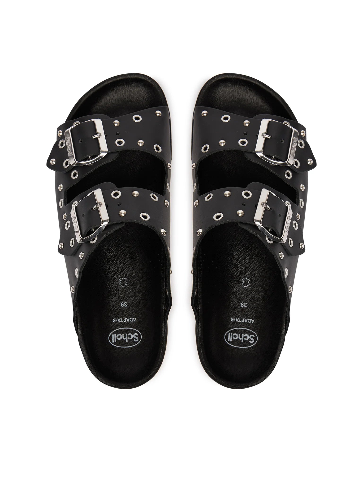 scholl Beatriz Ring - Black Sandale Damen Draufsicht mit zwei verstellbaren Schnallen und dekorativen Metallringen