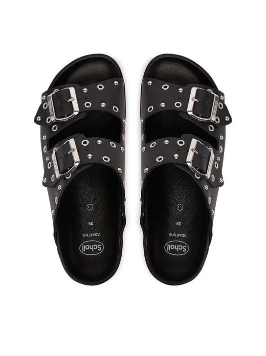 scholl Beatriz Ring - Black Sandale Damen Draufsicht mit zwei verstellbaren Schnallen und dekorativen Metallringen