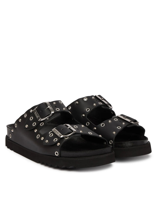 scholl Beatriz Ring - Black Sandale Damen Frontansicht mit doppelten Riemen, Schnallen und auffälligen Metallösen für modernen Look