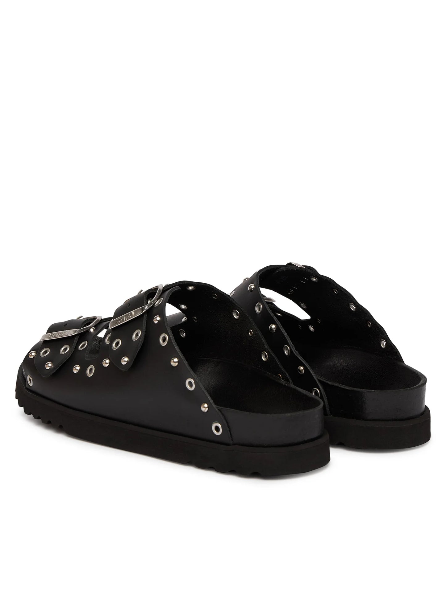 scholl Beatriz Ring - Black Sandale Damen Seiten- und Rückansicht mit Nieten-Details und robuster Sohle