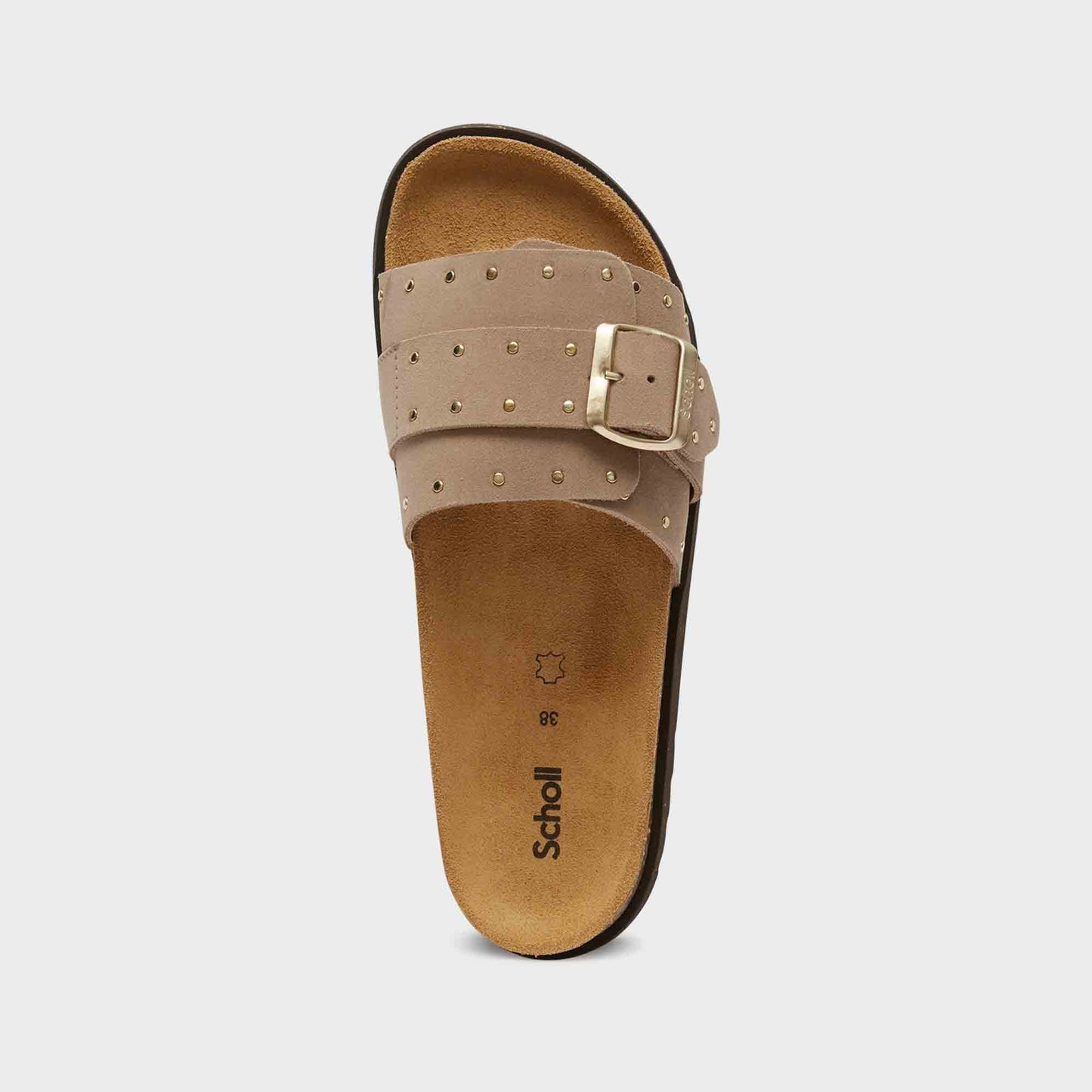 Draufsicht der scholl Joyce - Dark Beige Damen Pantolette mit verstellbarer Schnalle und komfortablem Fußbett.