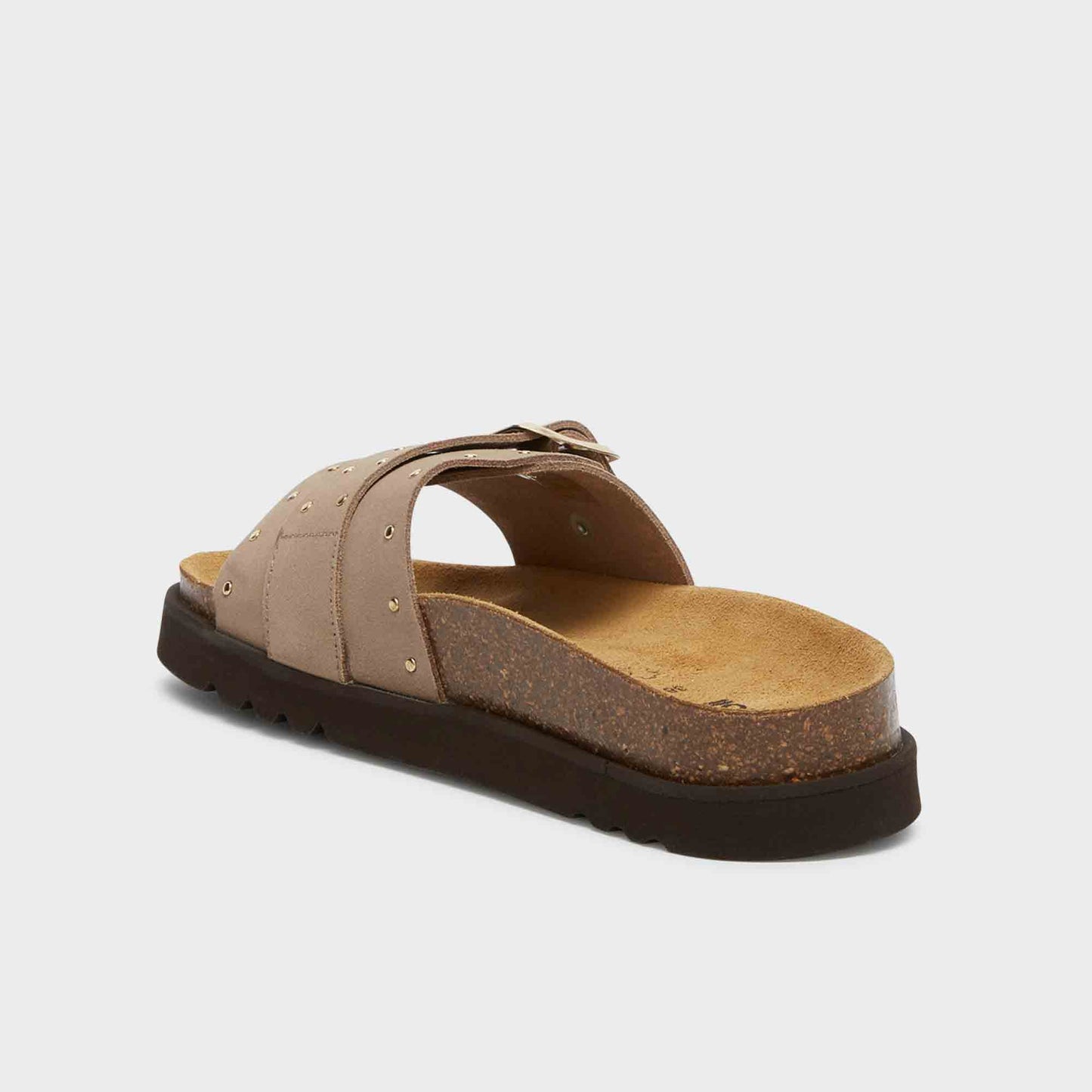 Rückseitige Perspektive der scholl Joyce - Dark Beige Damen Pantolette mit Korkoptik-Sohle und ergonomischem Fußbett.