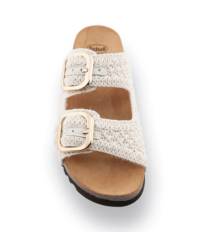 scholl Noelle - Off White Damen Pantolette Draufsicht mit gehäkelten Riemen, verstellbaren Schnallen und anatomischem Fußbett