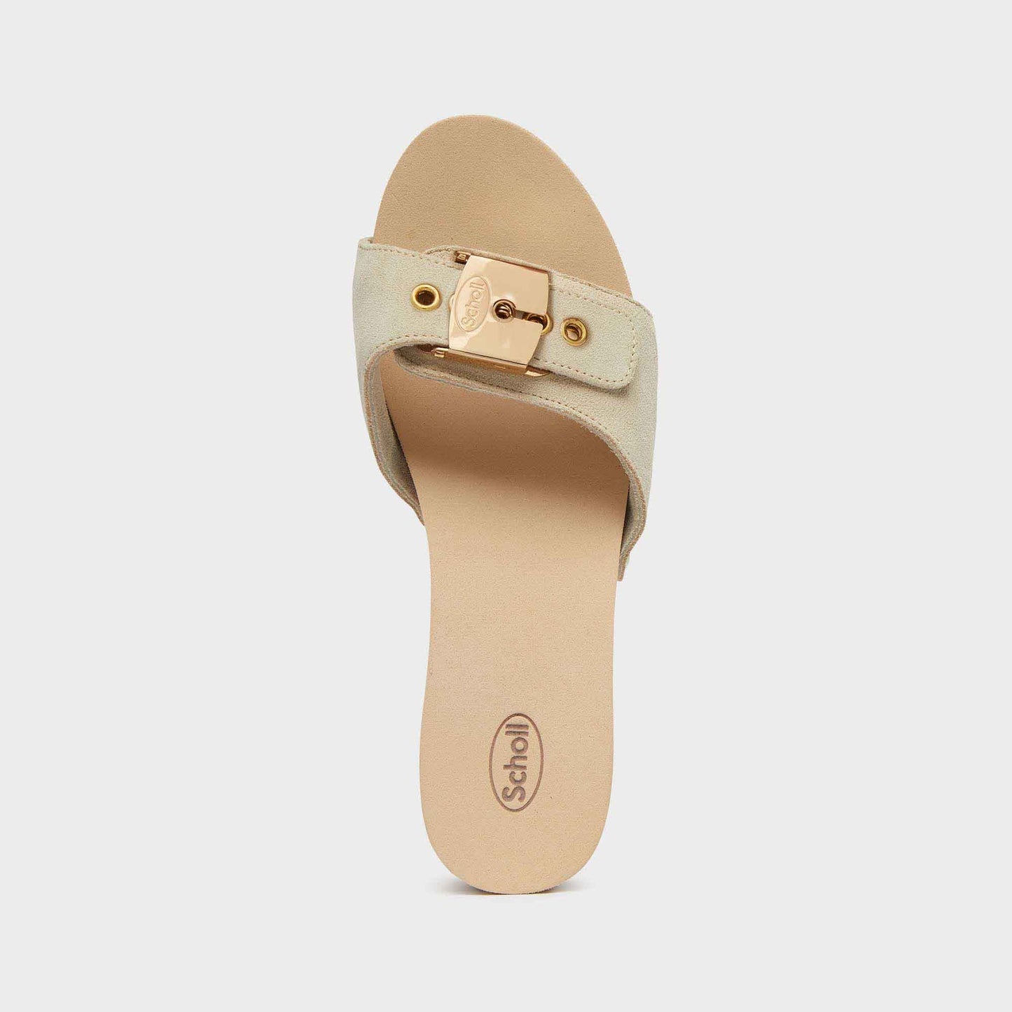 scholl Pescura Ibiza 2.0 - Dark Beige Damen Sandale Draufsicht mit breitem Riemen und goldener Schnalle