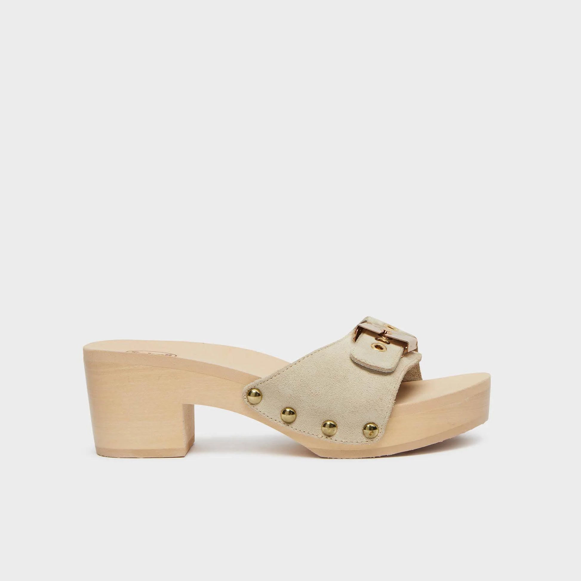 scholl Pescura Ibiza 2.0 - Dark Beige Damen Sandale Seitenansicht mit Holzabsatz, Nieten und verstellbarer Schnalle