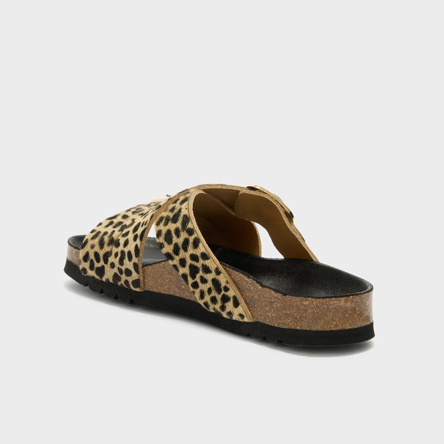 scholl Selene - Leopard Sandale Damen Rück- und Seitenansicht mit anatomischem Fußbett und Leopardenprint