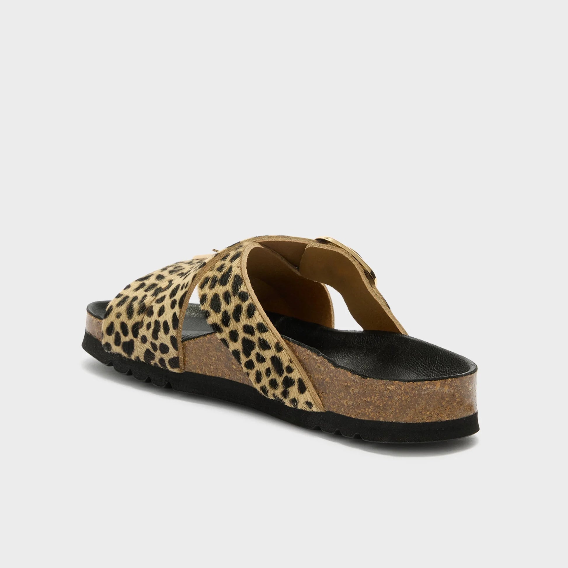 scholl Selene - Leopard Sandale Damen Rück- und Seitenansicht mit anatomischem Fußbett und Leopardenprint